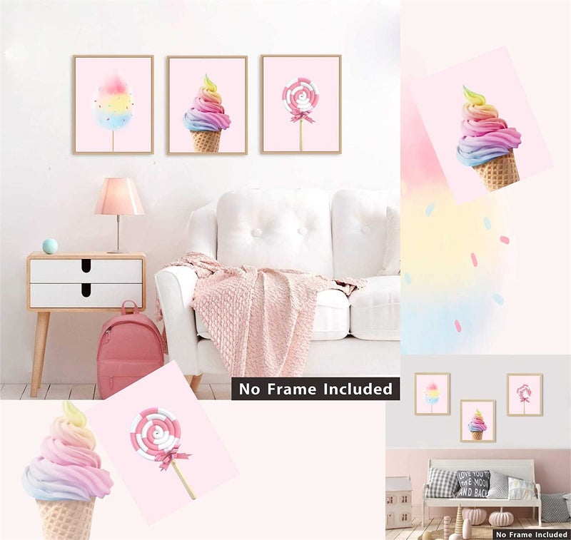 Barri Design Candy Poster Rainbow Ice Cream Cotton Candy Wall Art Decor Girls Bedroom Wall Decor Modern Art Pink Poster Kids Room Decor Unframed Pink Wall Art Prints Nursery Decoration - Image 1